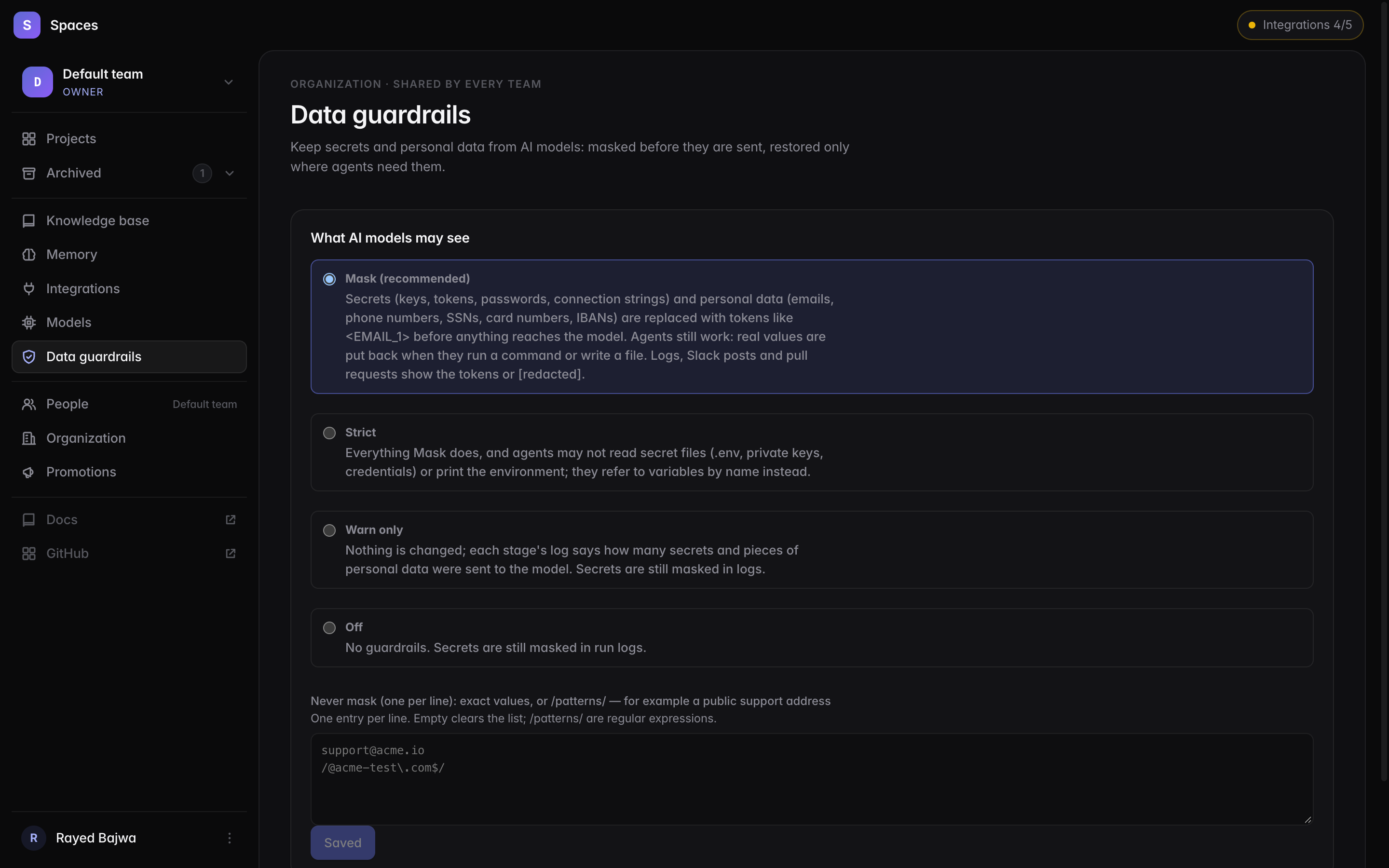 Data guardrails settings